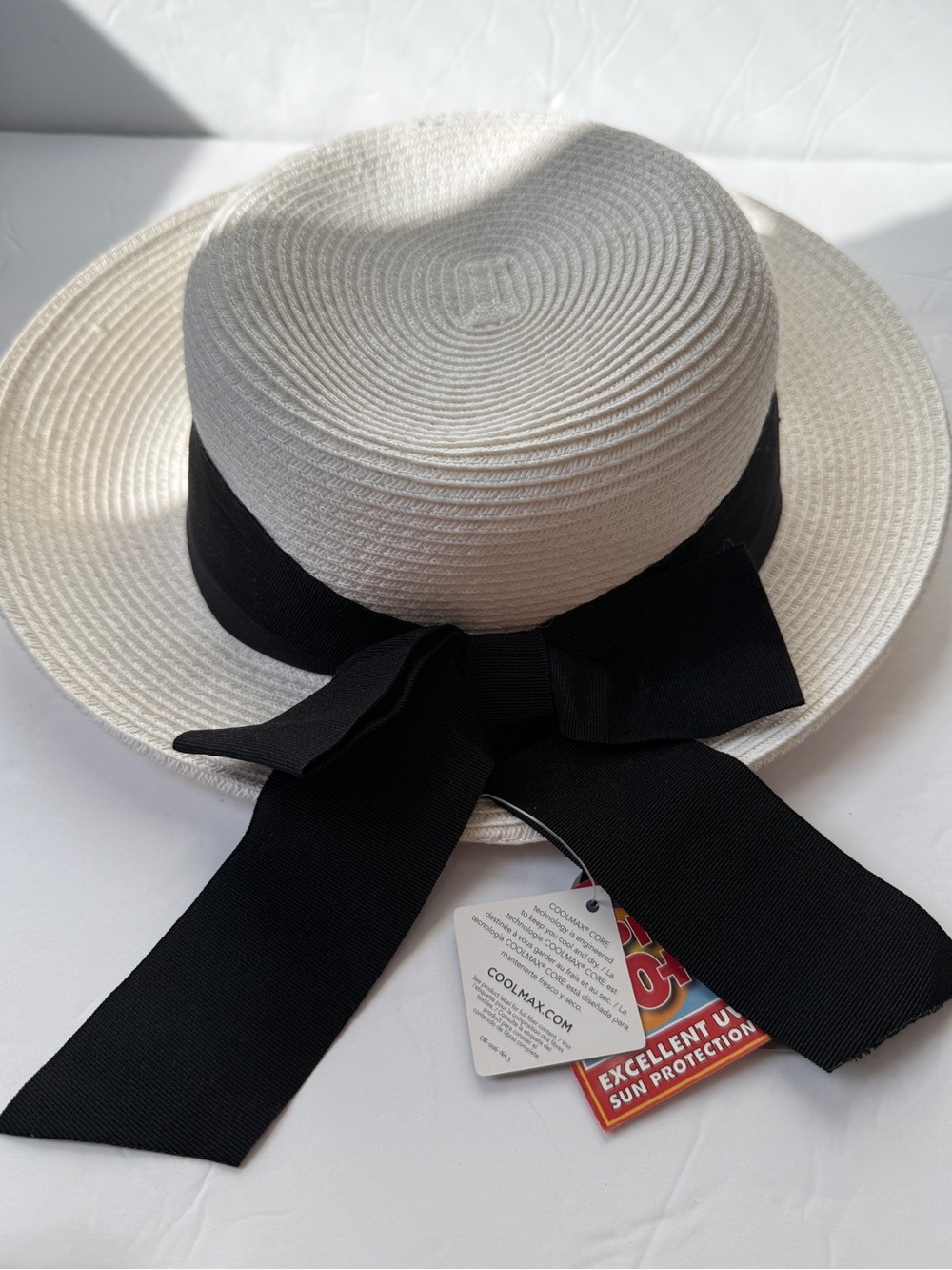 Scala White Straw Sun Hat with Black Bow Classy Elegant Women OS
